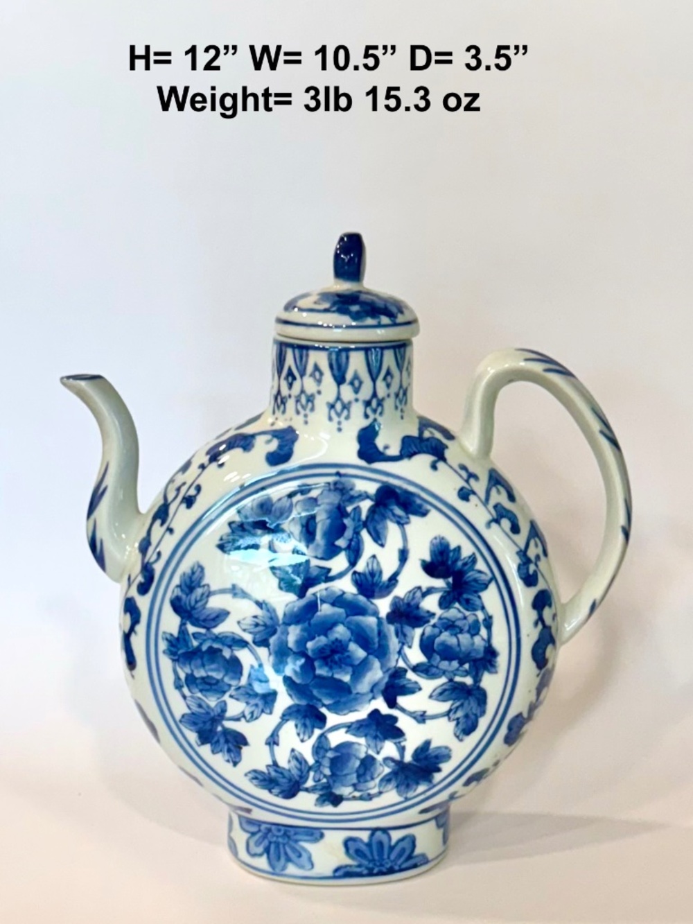 Vintage Blue White Porcelain Moon Flask Large Decorative Teapot 12” - Pristine